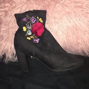 Black floral suede boot heels
